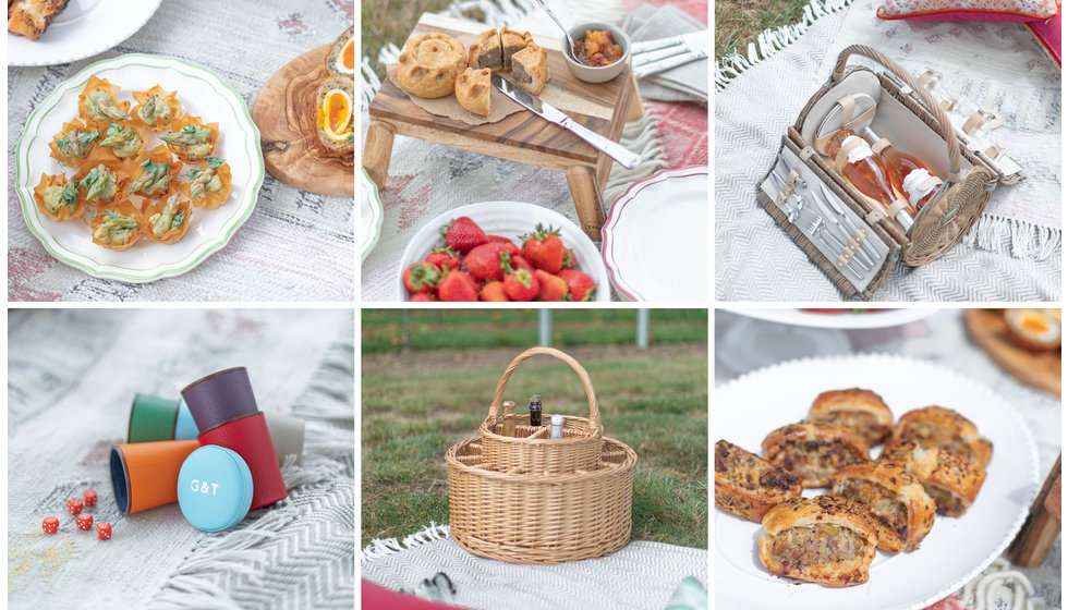 6 photos of picnic related items including food, a hamper and a game of perudo.