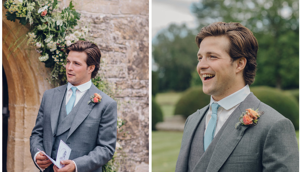 The groom wore a grey morning suit and a blue Hermes tie.
