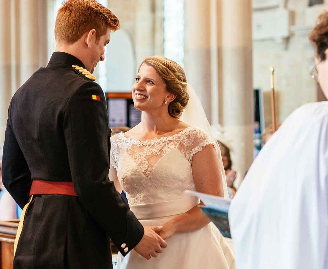 Couple looking at each other on their wedding day in England