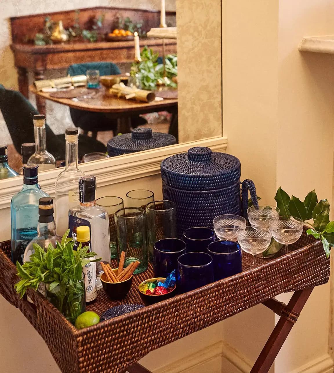 Rattan butler tray with Kalinko wedding presents for home bar