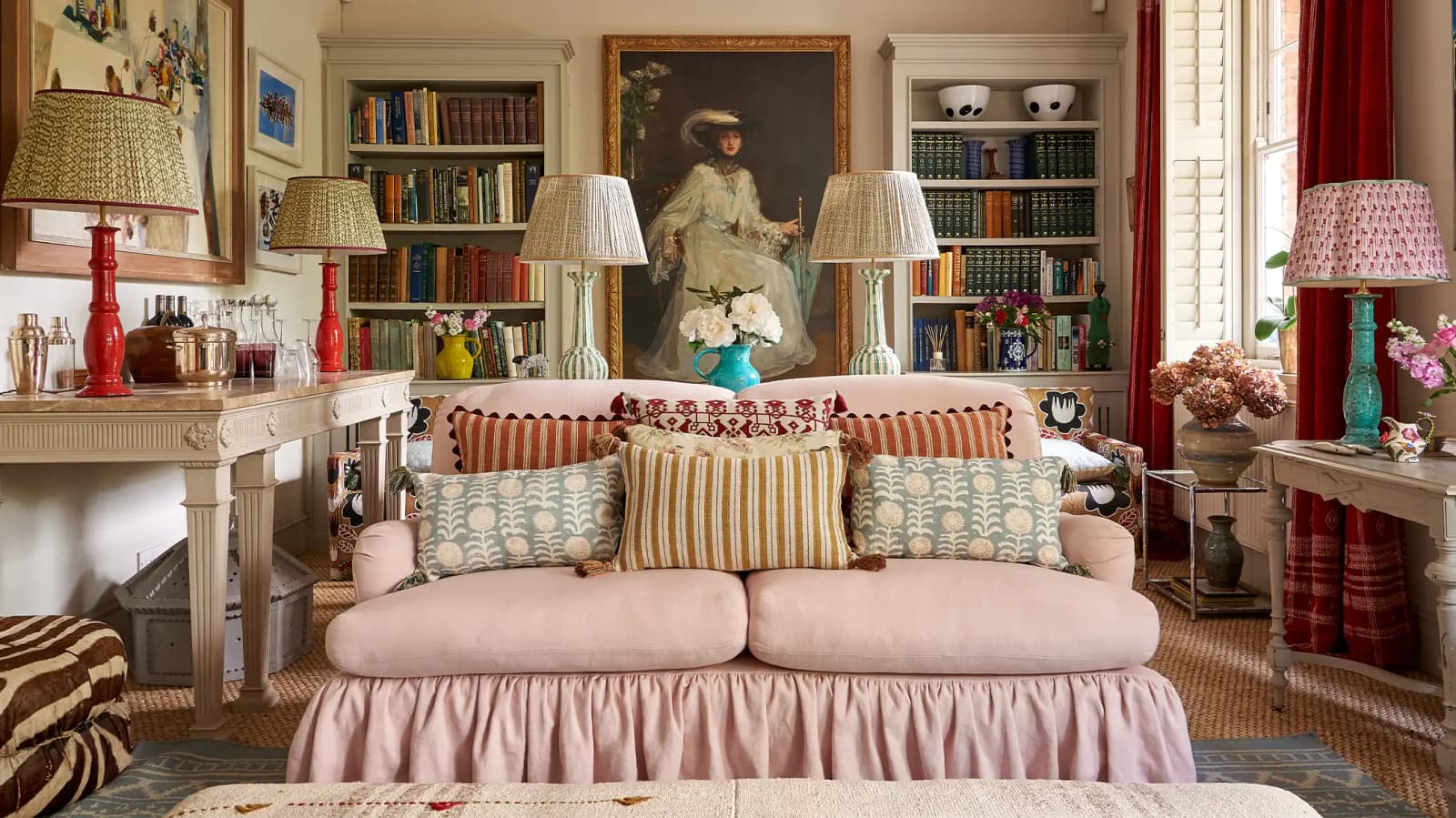 Eclectic English interior of living room features patterned Penny Morrison home décor 
