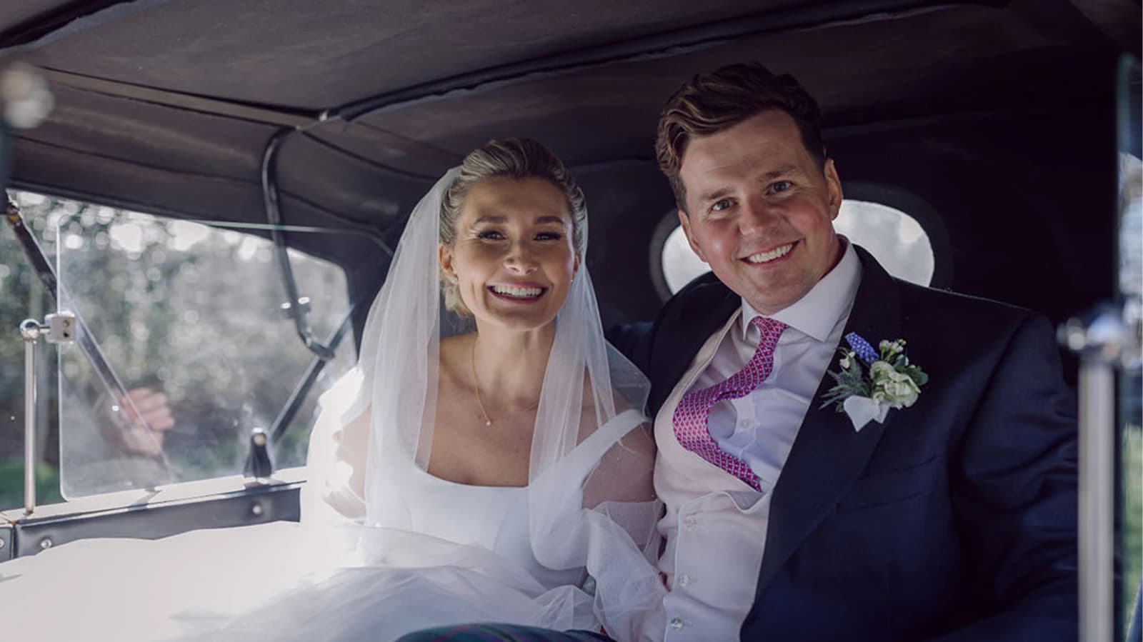bride and groom in their wedding car church wedding