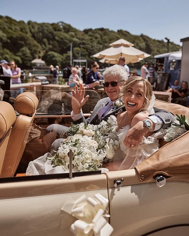 bride and her dad vintage wedding car 