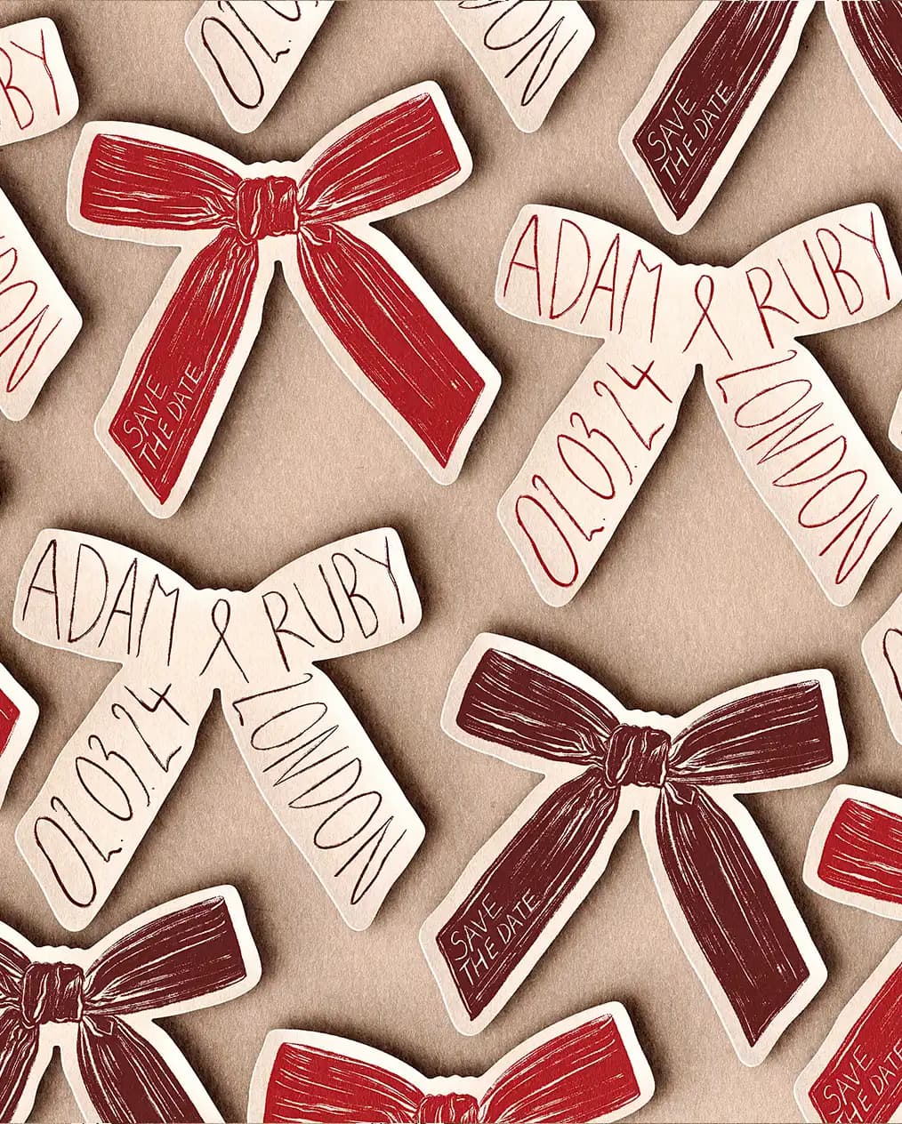 Creatived illustrated wedding Save the Date stationery, cut in the shape of a bow