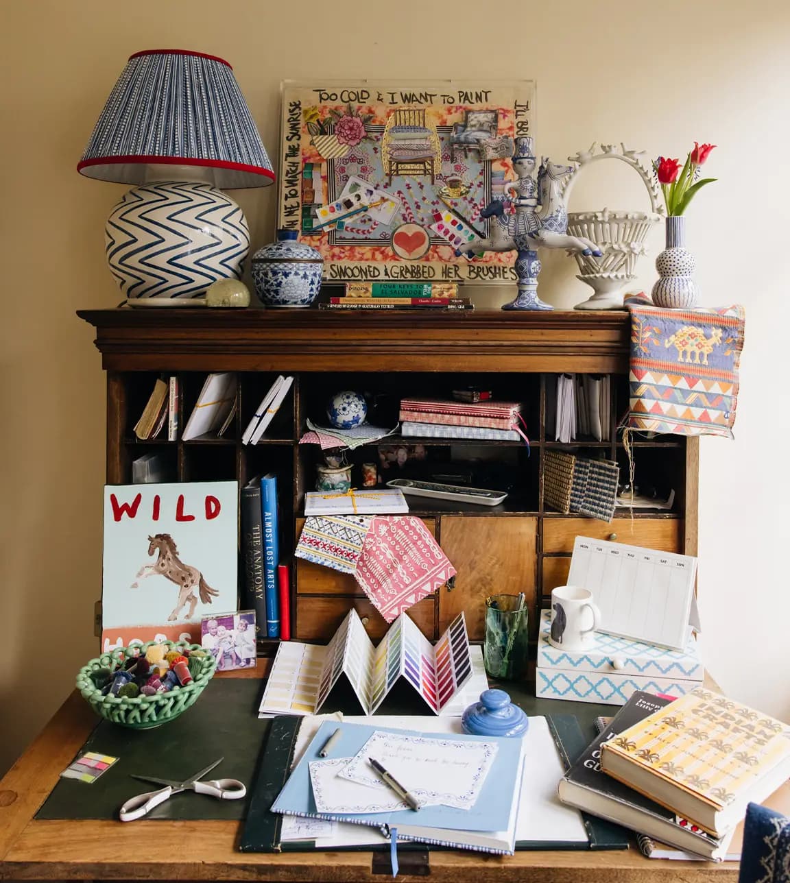 Vintage desk featuring a Wicklewood inspiration moodboard