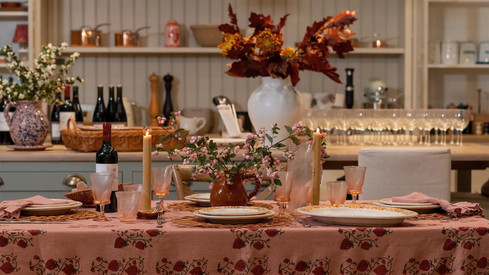 A cosy autumn tablescape in The Wedding Present Company showroom features homeware, tableware and glassware wedding gifts.