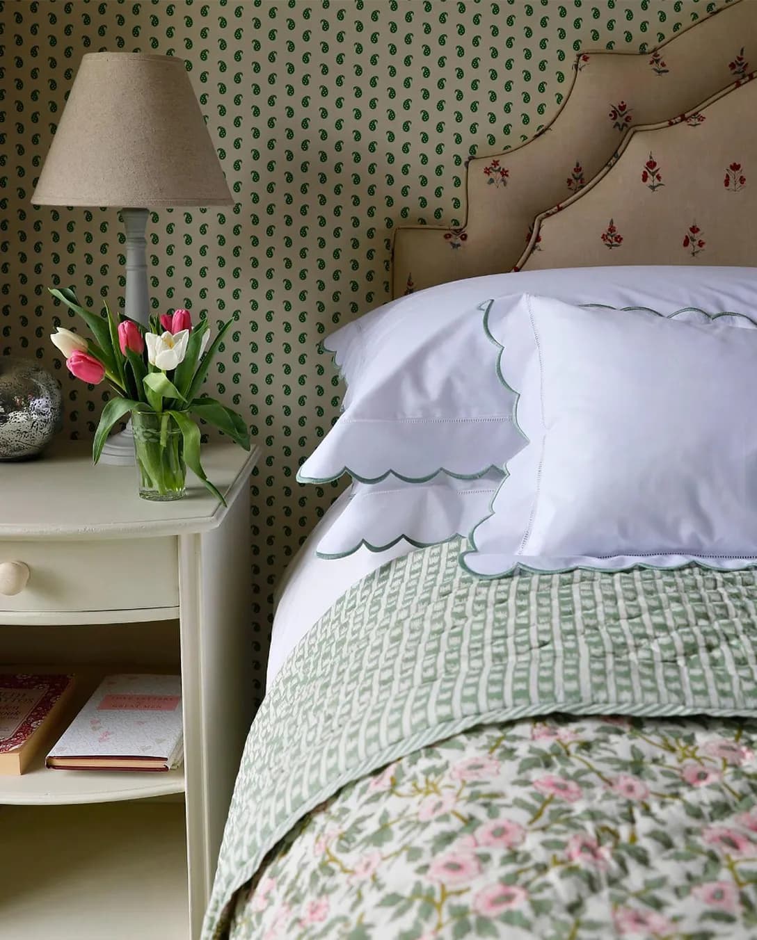 Best wedding gift idea featuring scalloped bedding with floral quilt
