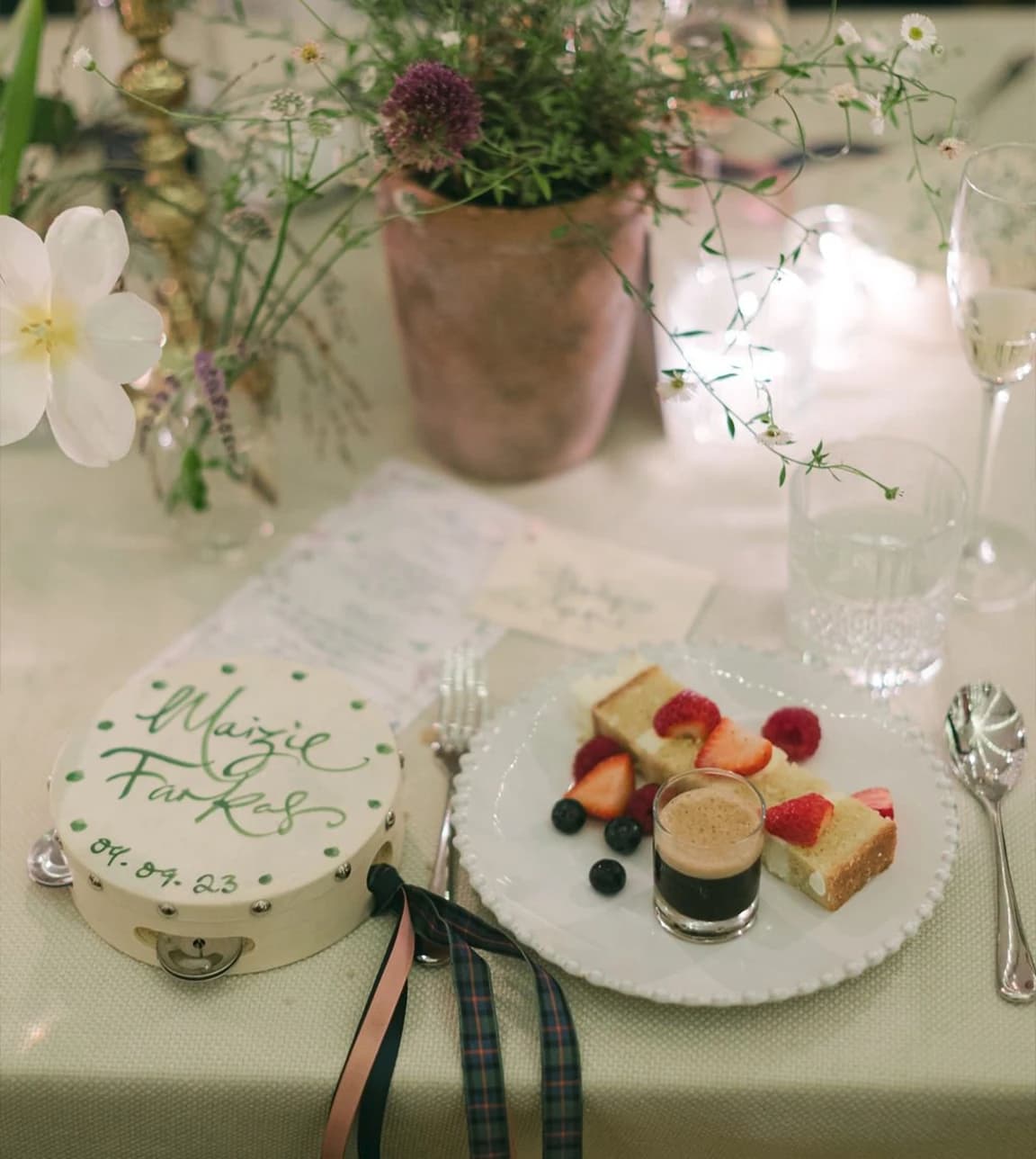 Personalised wedding catering dessert option is placed on a decorated wedding table.