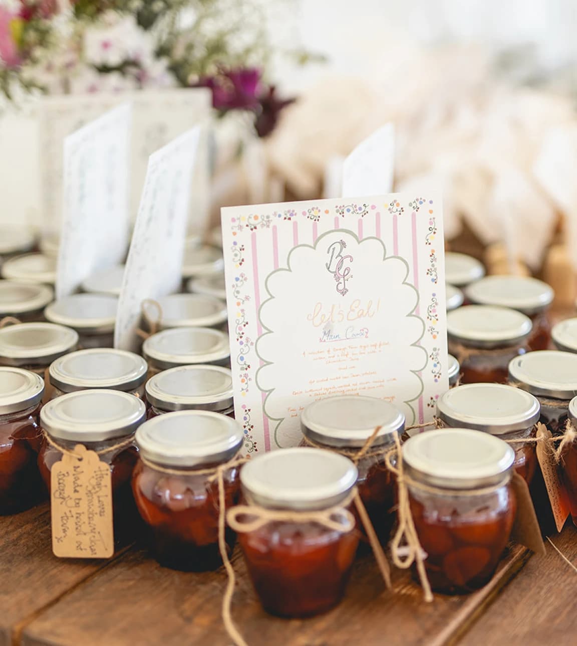 A set of jam jars gifted as a wedding gift favour to guests