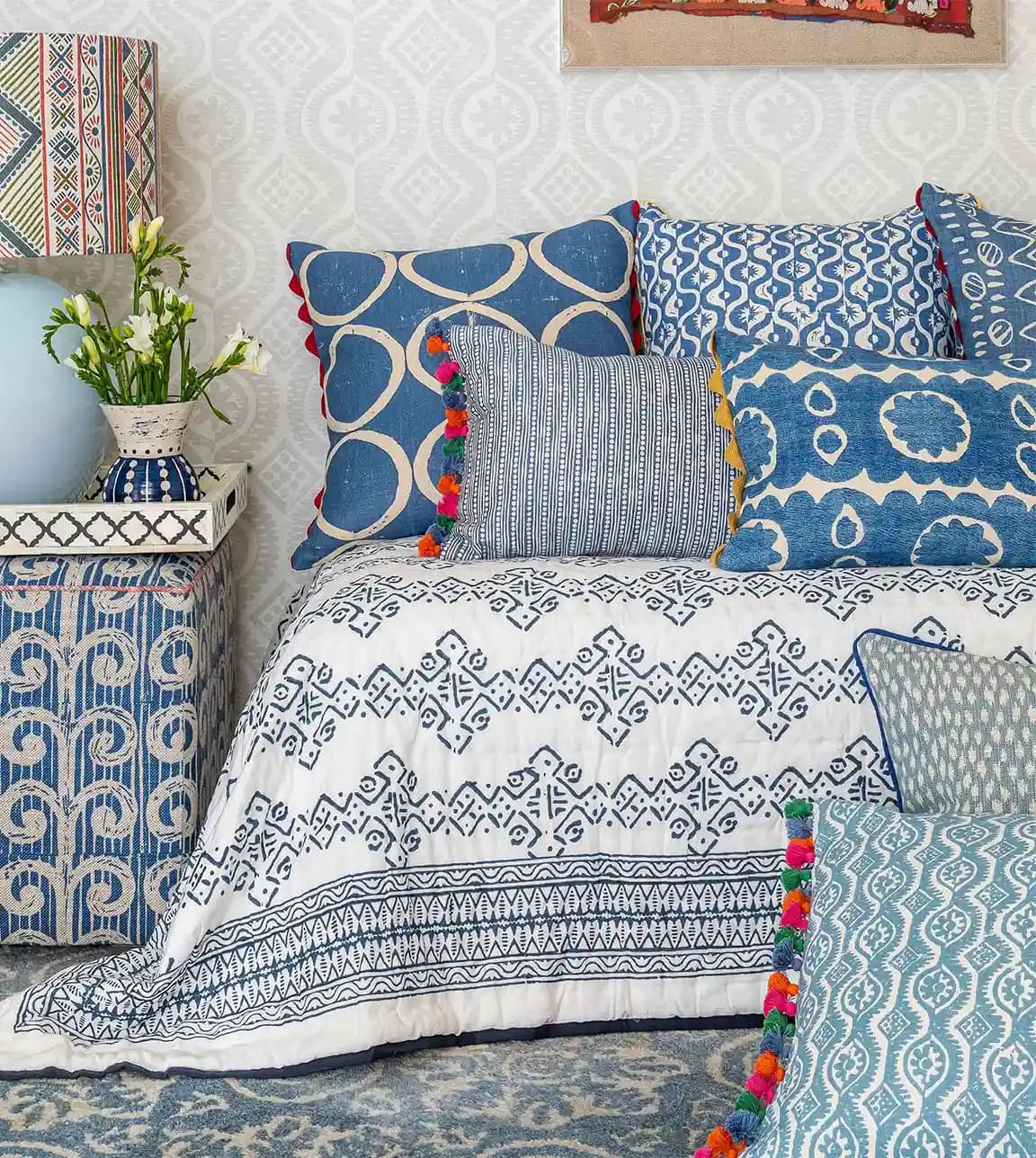 Blue Patterned Interior with Unique Wedding Presents Wicklewood Mali Quilt