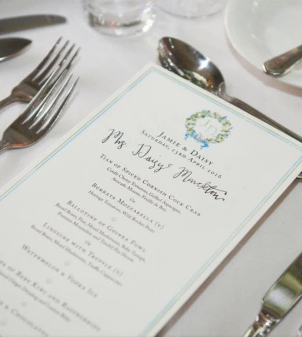 Custom Wedding Menu with calligraphy and watercolours