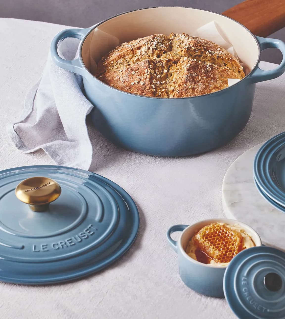 Making bread in Le Creuset round casserole in Chambray coloway