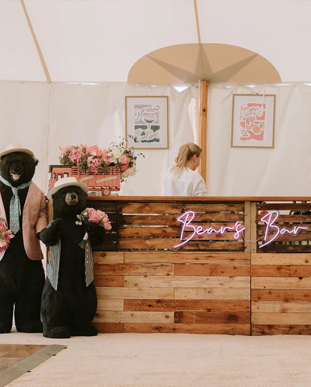 Bear themed wedding bar in marquee