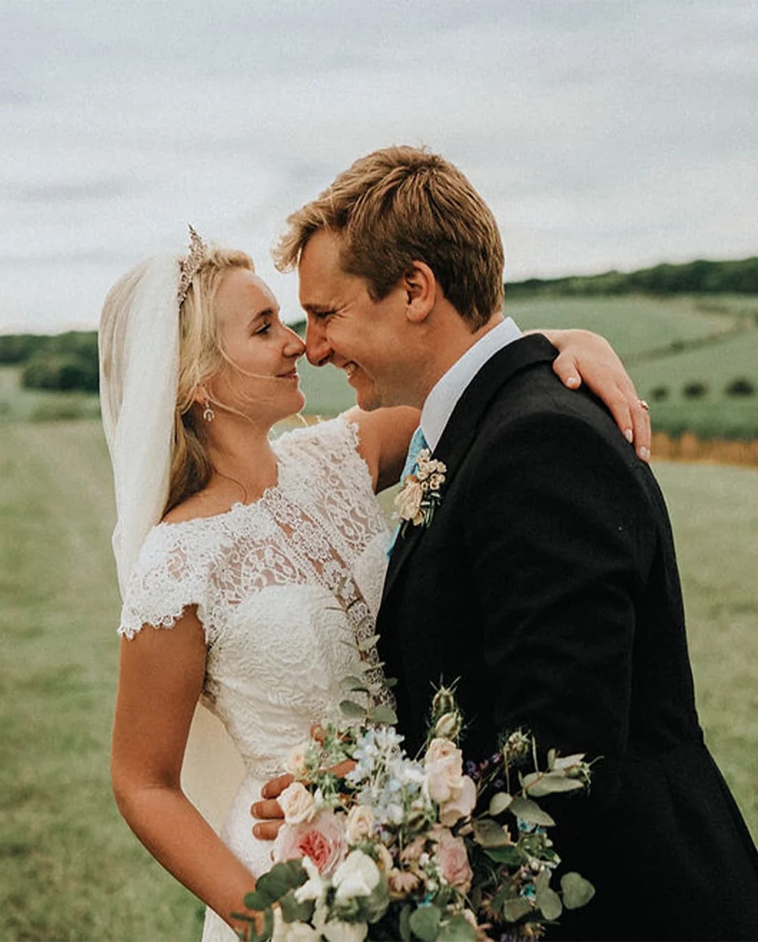 bride and groom countryside English boho wedding