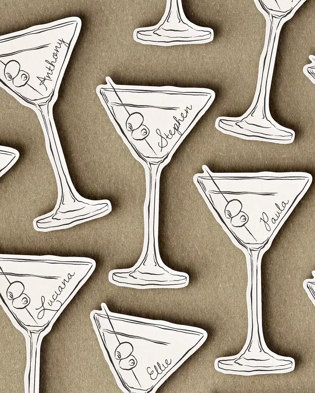Creatived illustrated wedding stationery, cut in the shape of martiny glass