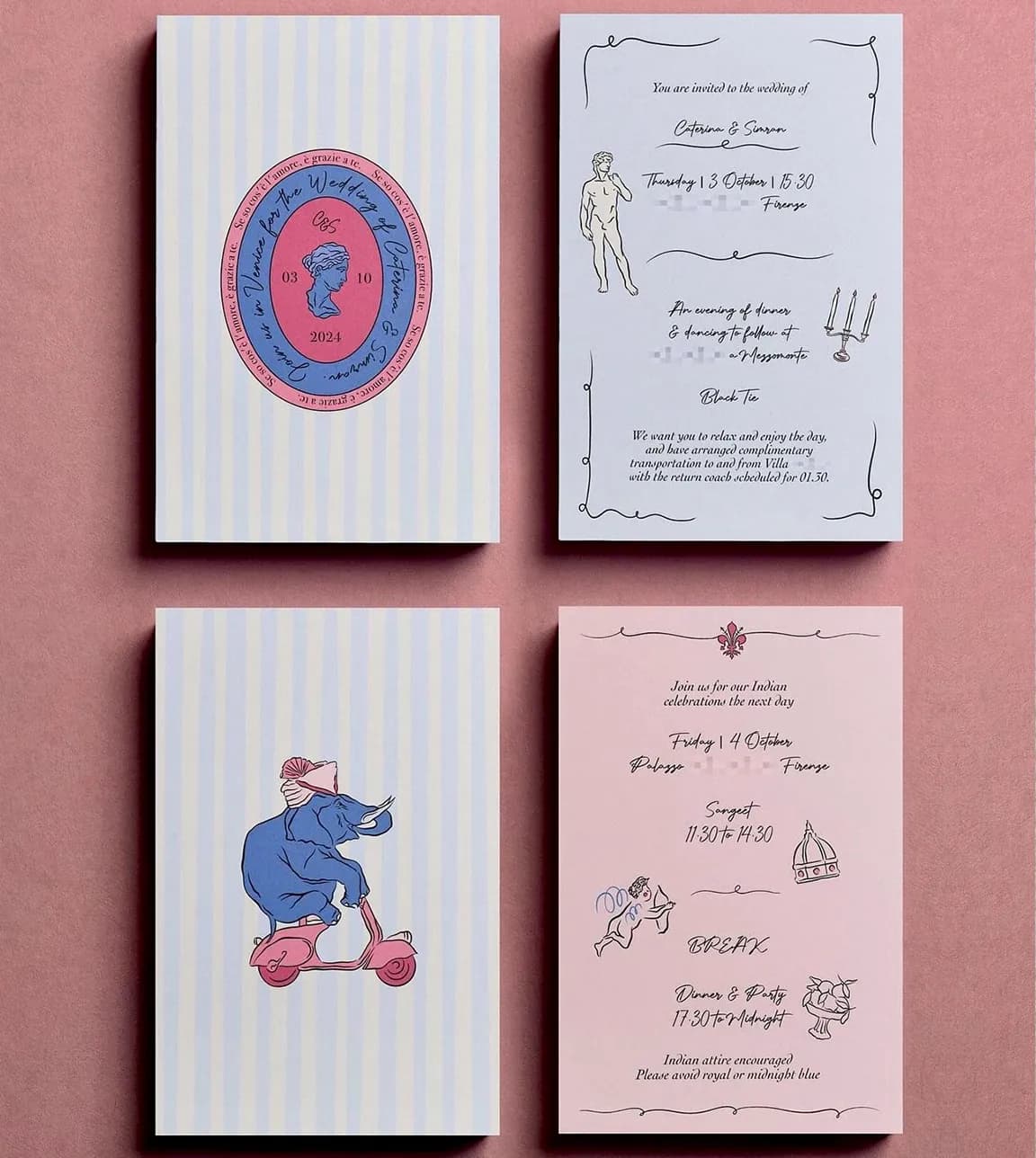 An illustrated wedding invite for a fusion Indian and Italian wedding