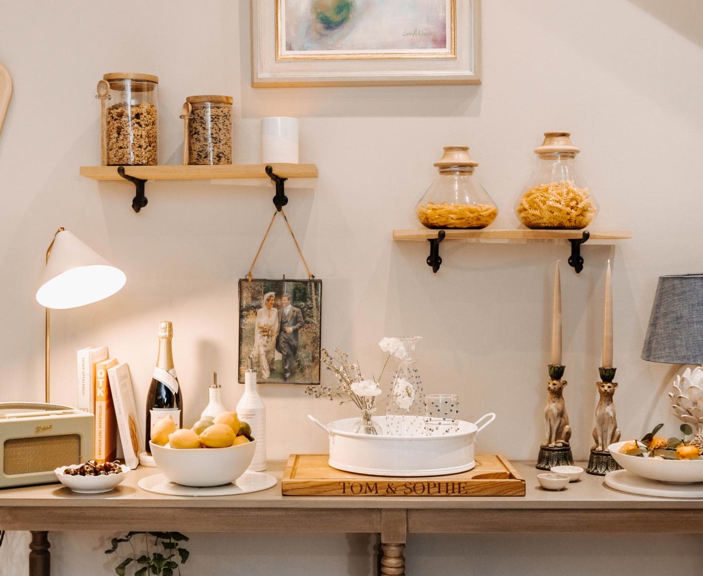 Product in the showroom displayed on shelves 