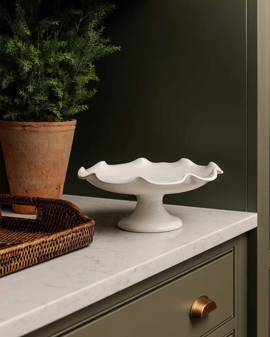 Rebecca Udall wedding gifts for kitchen feature wavy cake stand and rattan tray.