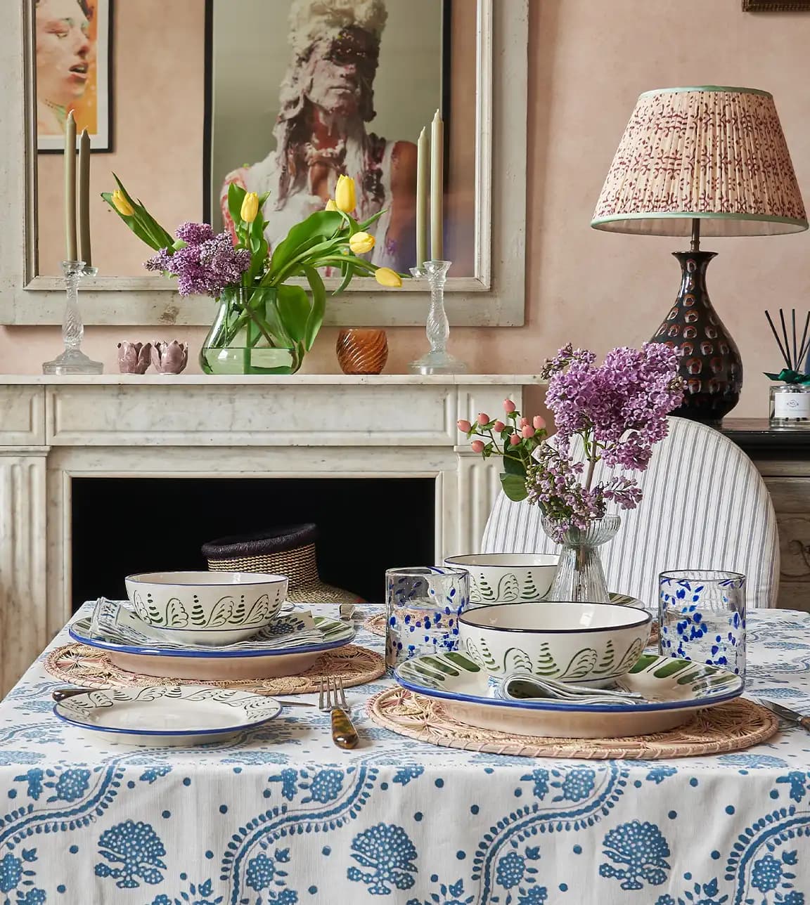 Blue table decor features Penny Morrison tableware gifts, handprinted tablecloth and hand painted plates