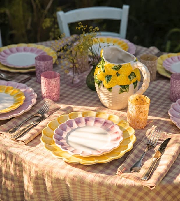 Handpainted pastel yellow and pink Skye McAlpine tableware and glassware wedding presents