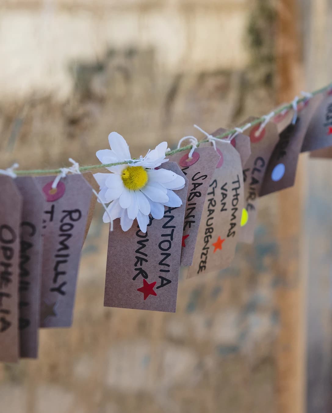 Personalised name tags on wedding day