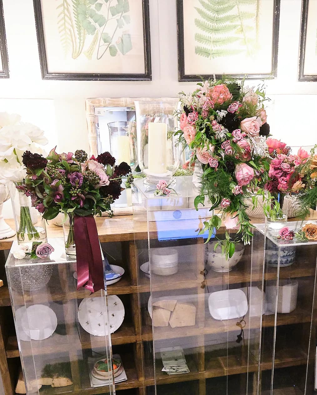 A flower bouquet display by Lavender Green at The Wedding Present Company showcase