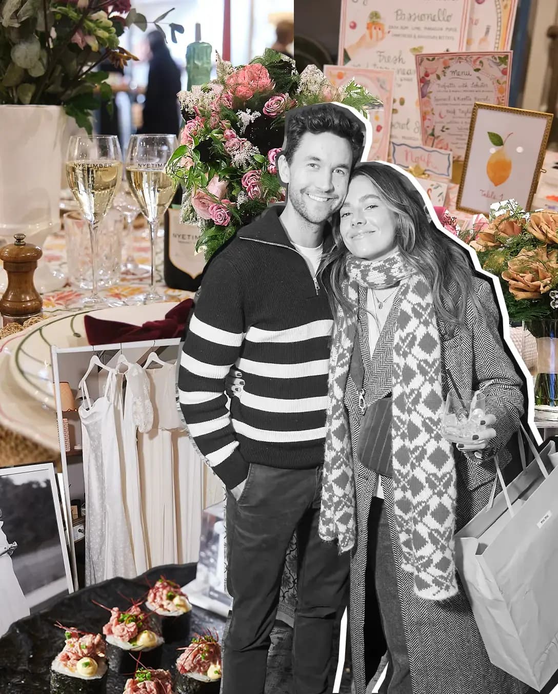 Collage image of Emily Champion and her partner Nick with photos taken at The Wedding Present Company Showcase. The photos are of bridal fashion, wine, canapes and stationery