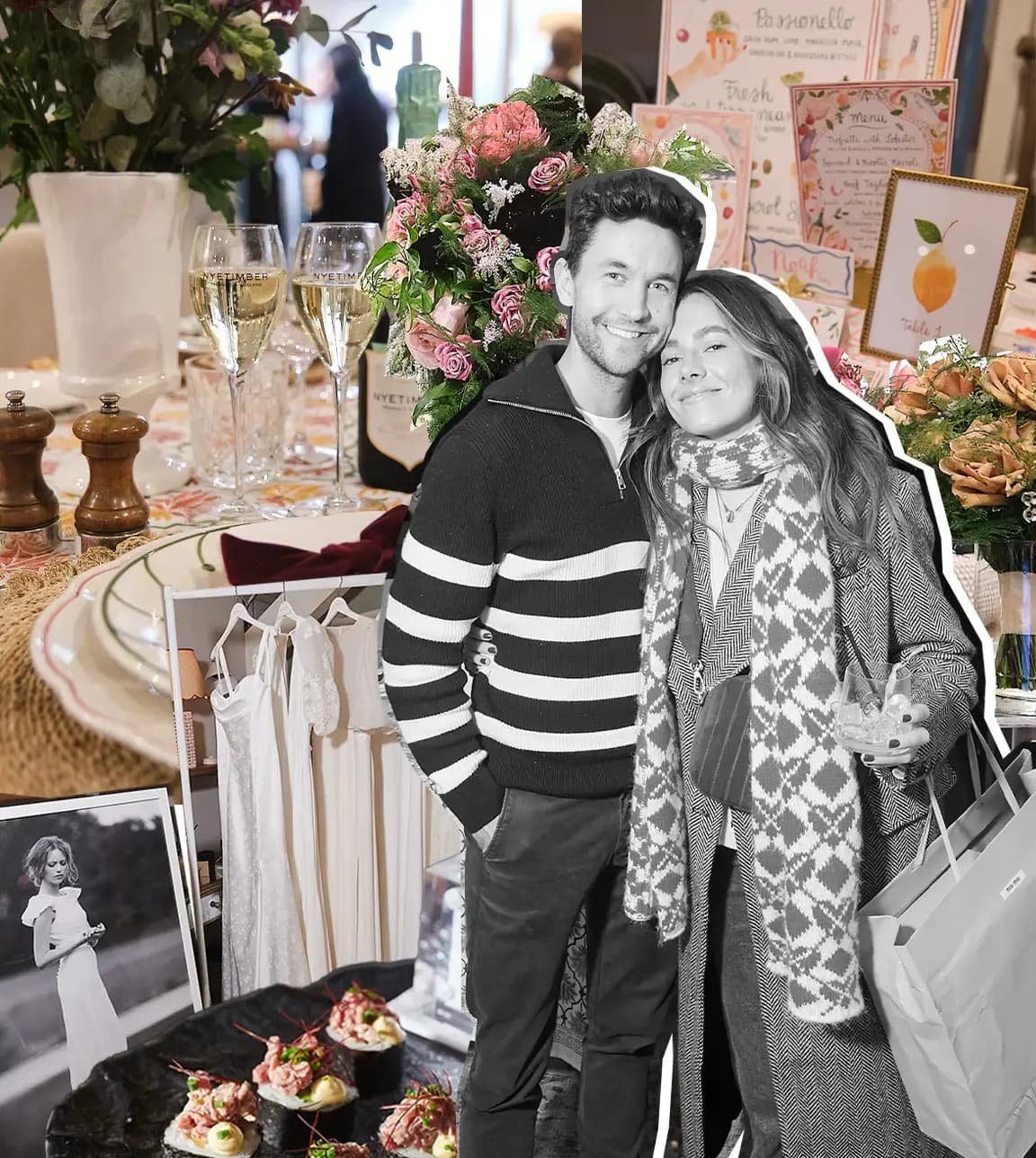 Collage image of Emily Champion and her partner Nick with photos taken at The Wedding Present Company Showcase. The photos are of bridal fashion, wine, canapes and stationery
