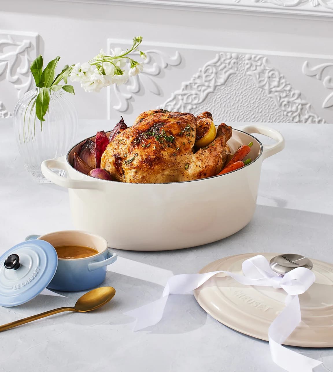 Le Creuset recipe for January featuring roast chicken with vegetables in Le Creuset oval casserole