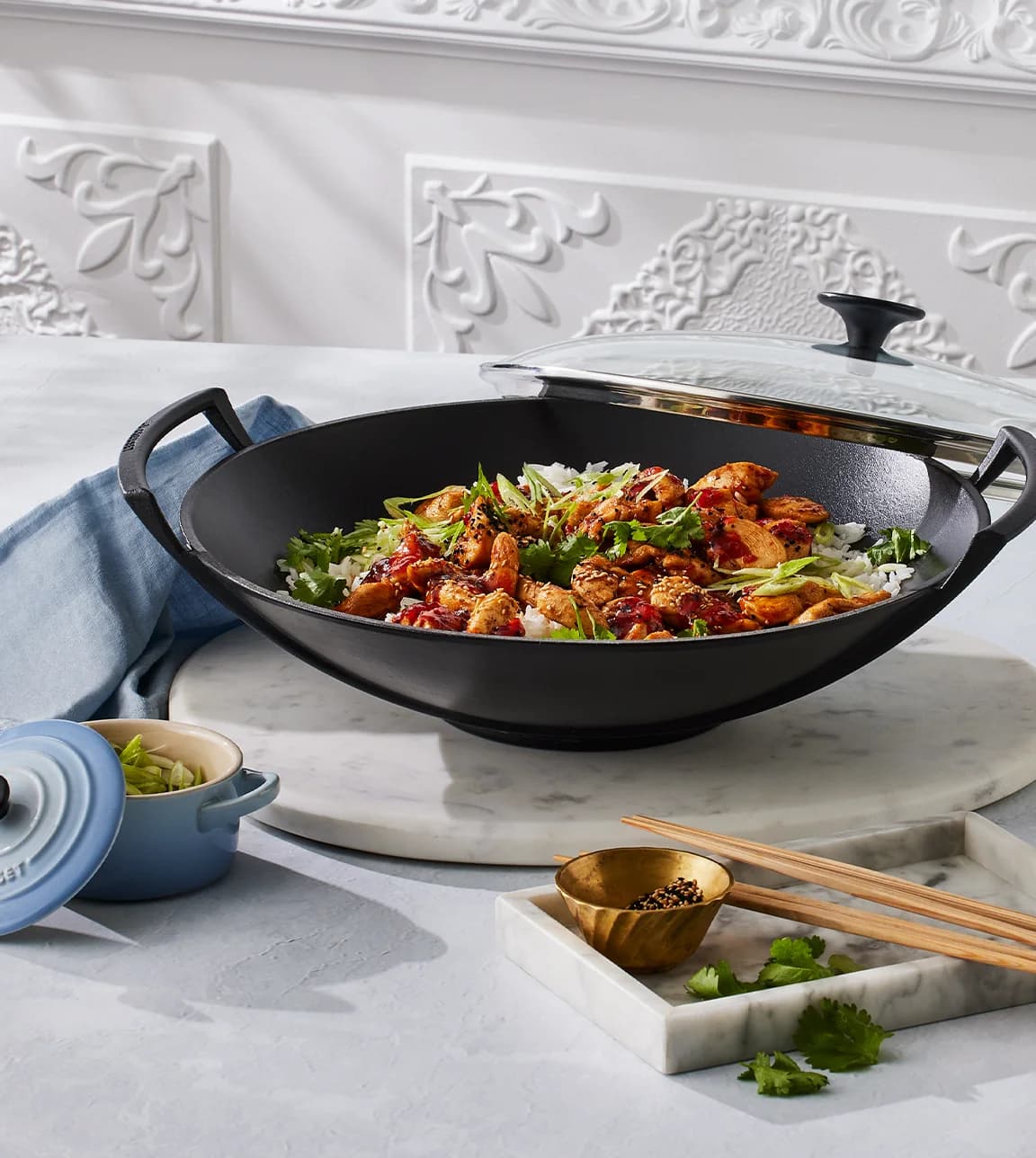 Le Creuset Recipe for September featuring sticky chilli chicken and fluffy rice in Le Creuset wok pan