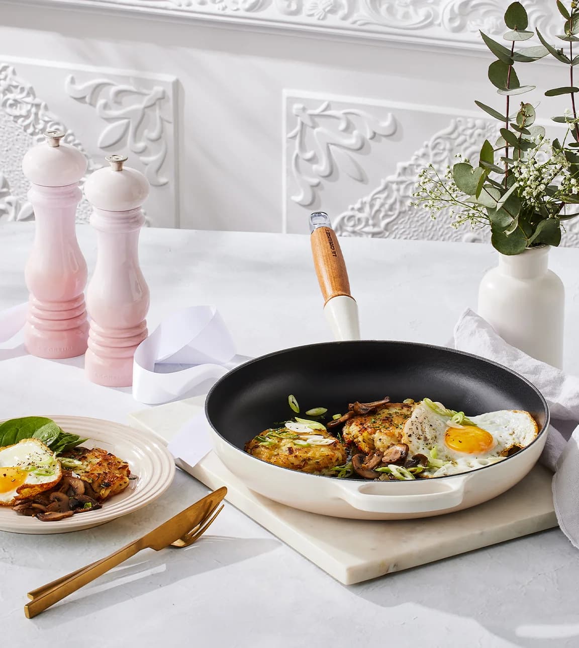 Le Creuset recipe for November featuring mushroom rosti with fried egg bacon served in Le Creuset frying pan