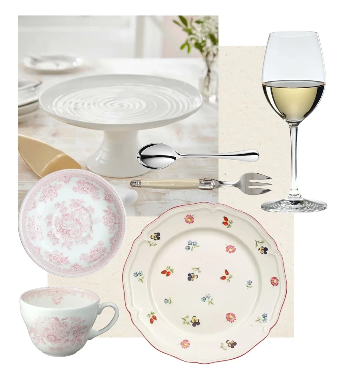 Tablesetting for a dessert, featuring cake stand from Sophie Conran from Portmeirion, Laguiole André Verdier  desser fork, Robert Welch dessert spoon, Riedel dessert wine glass and tea cup with saucer from Burleigh