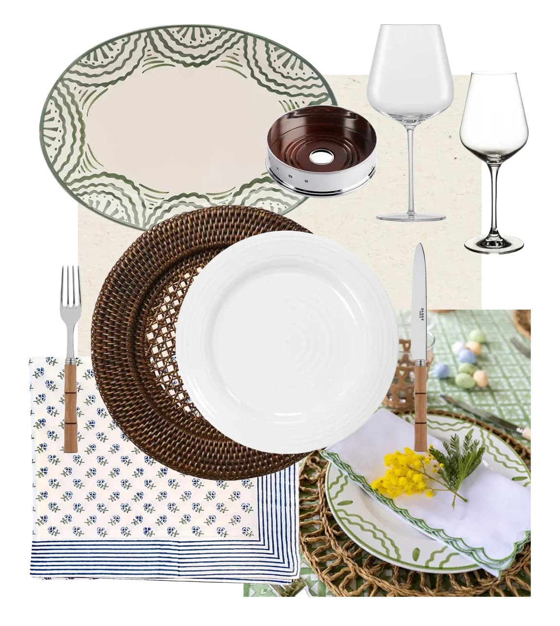 Tablesetting for main course featuring charger from Rebecca Udall, plate from Sophie Conran for Portmeirion, Late Afternoon platter, Sabre bamboo cutlery, Schott Zwiesel red wine glasses and Villeryo & Boch white wine glasses