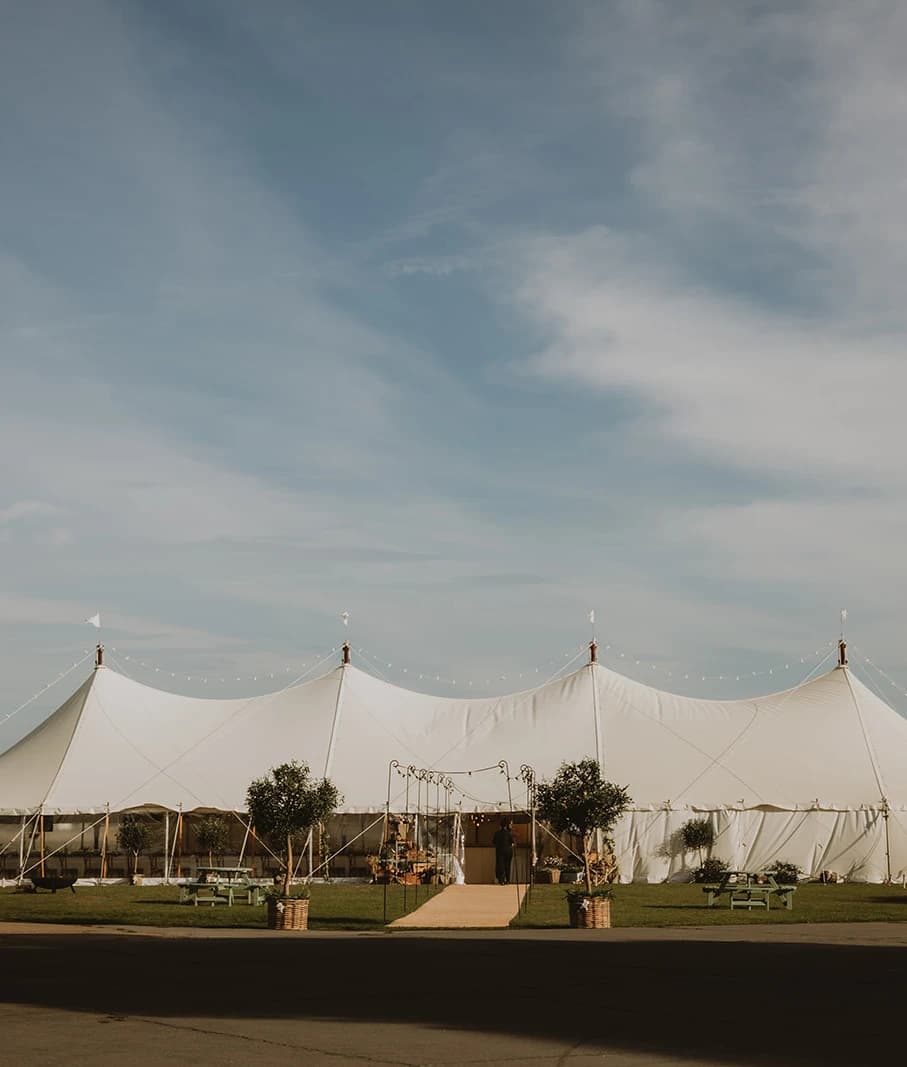 Wide view of the sailcloth marquee on the Bicester Motion airfield