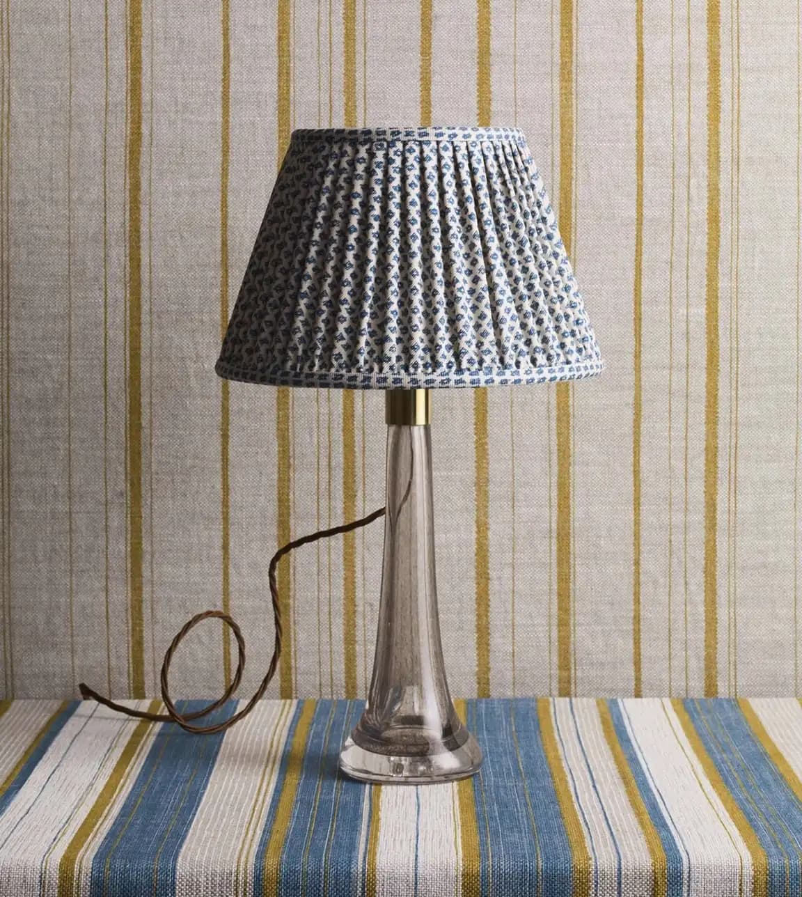 Blue patterned Fermoie lampshade with striped fabric background