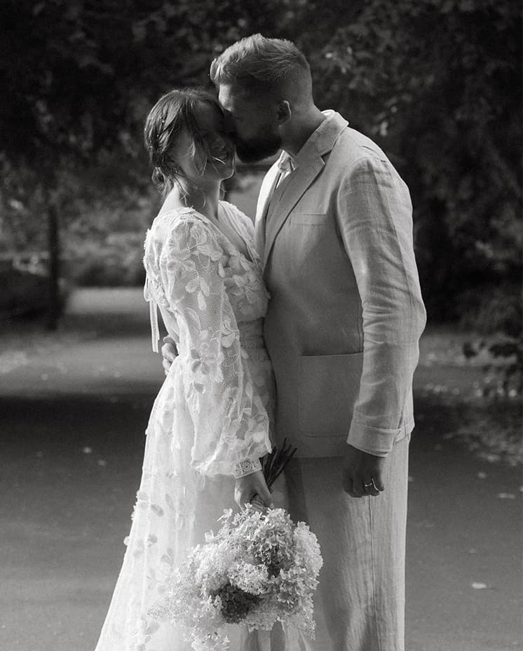 Bride and Groom having a Romantic Kiss London Park
