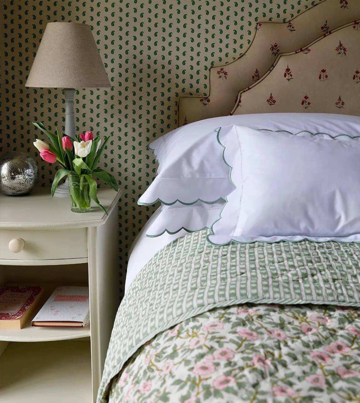 Best wedding gift idea featuring scalloped bedding with floral quilt