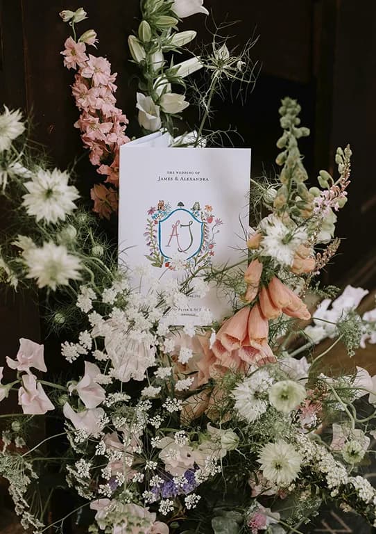 Wedding order of service is displayed inside the floral bouquet