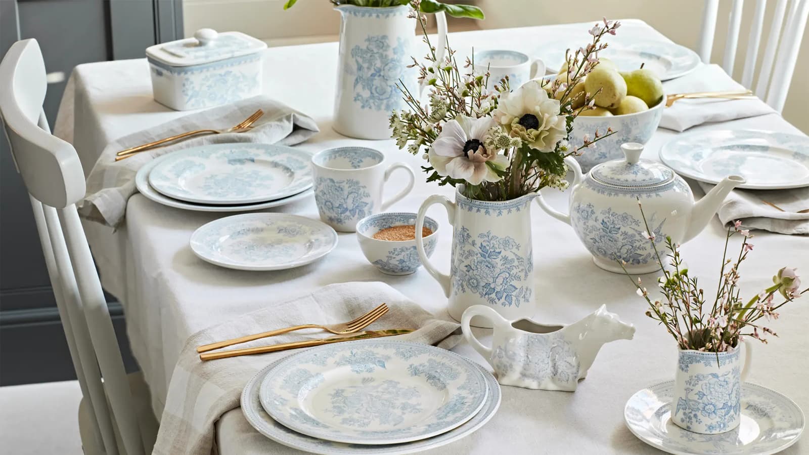 Dinner tablescape features light blue tableware wedding gifts from Burleigh Pottery