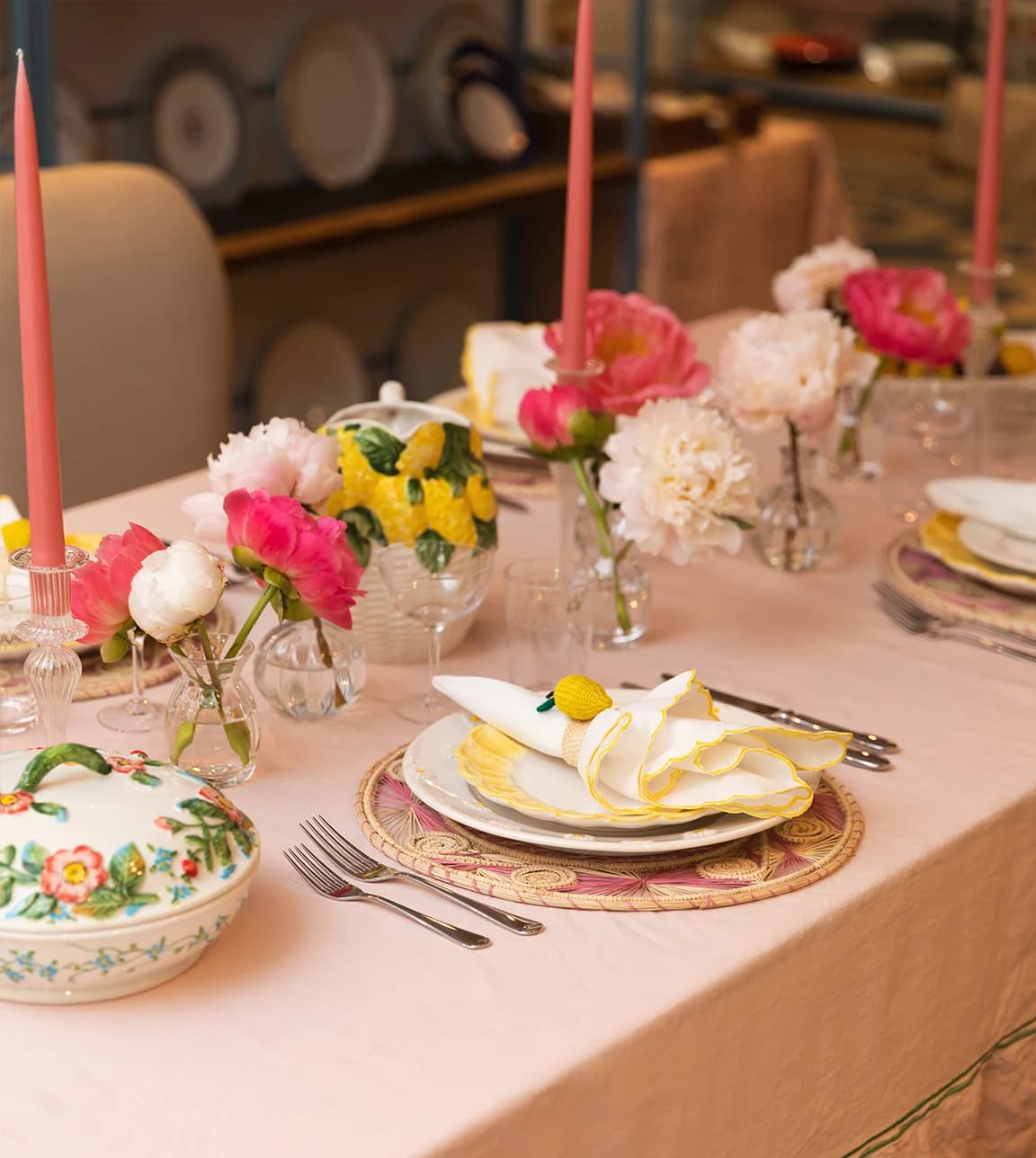 Italian inspired tablescape features wedding gifts from The Wedding Present Company: Sky McAlpine Tavola Tableware, pink tablecloth and vases
