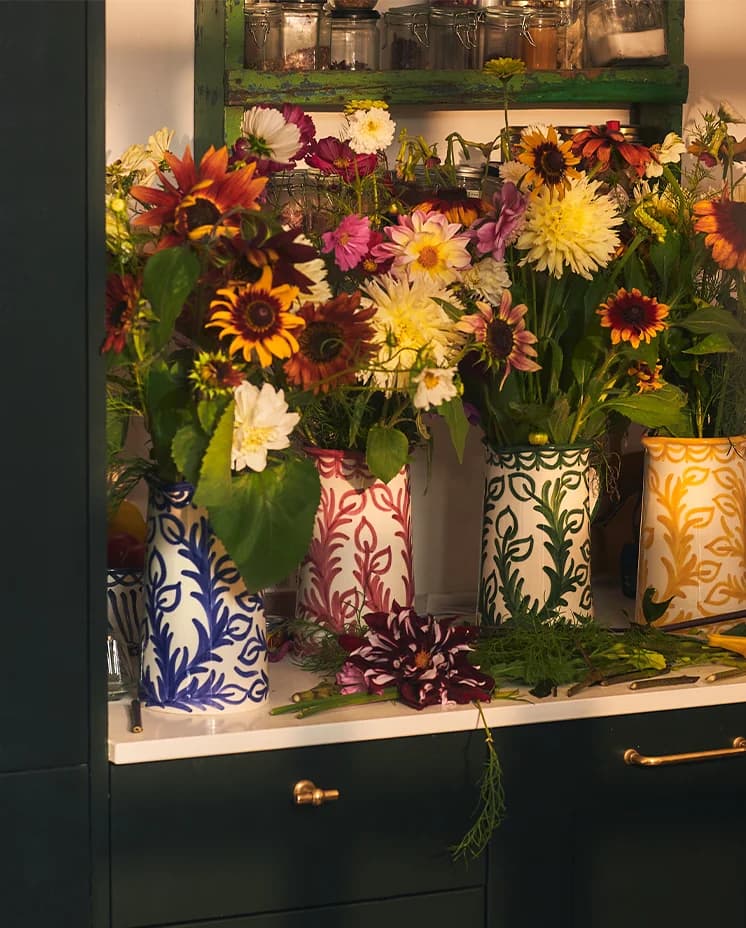 Hand painted Late Afternoon Jugs with Flowers in Kitchen