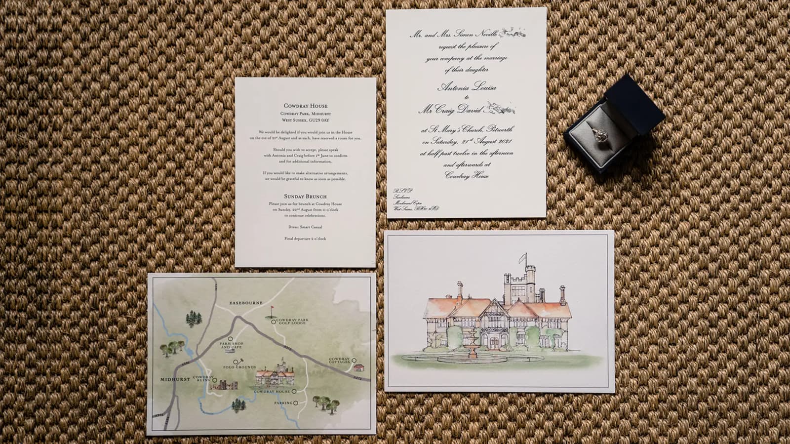 A handwritten wedding stationery features hand-painted wedding venue map, save the dates and wedding invites