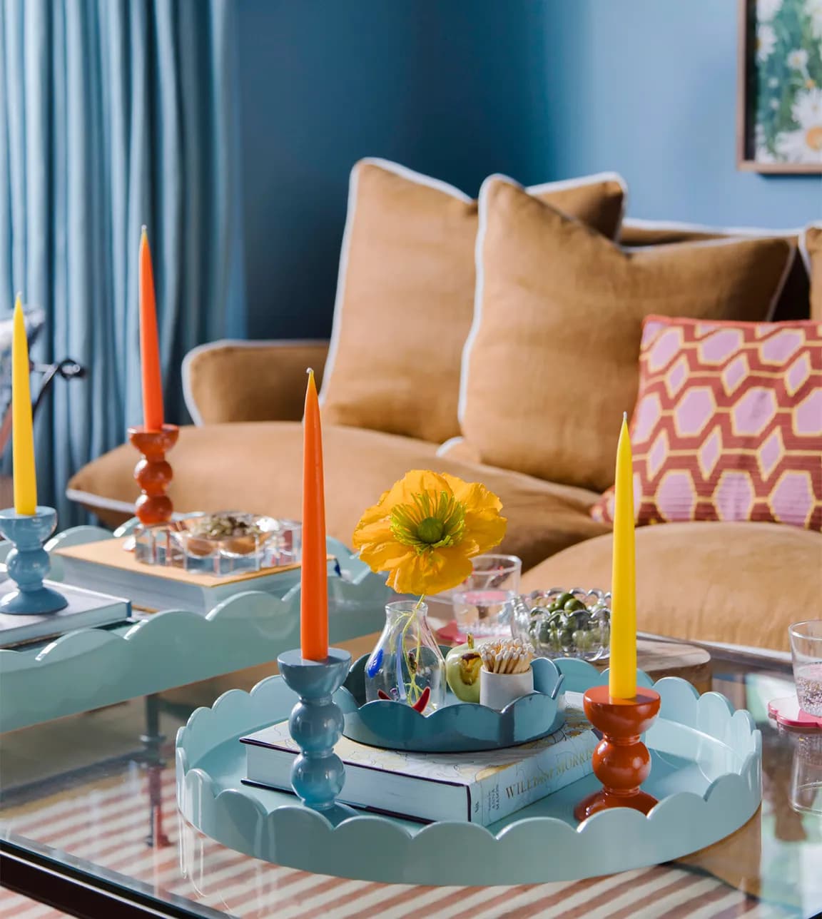 Living room features Addison Ross homeware wedding gifts, a lacquered tray and candlesticks