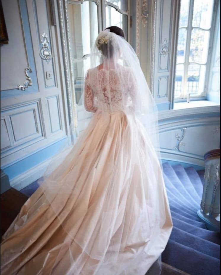 Bride standing at the top of a grand staircase wearing a traditional wedding dress and veil