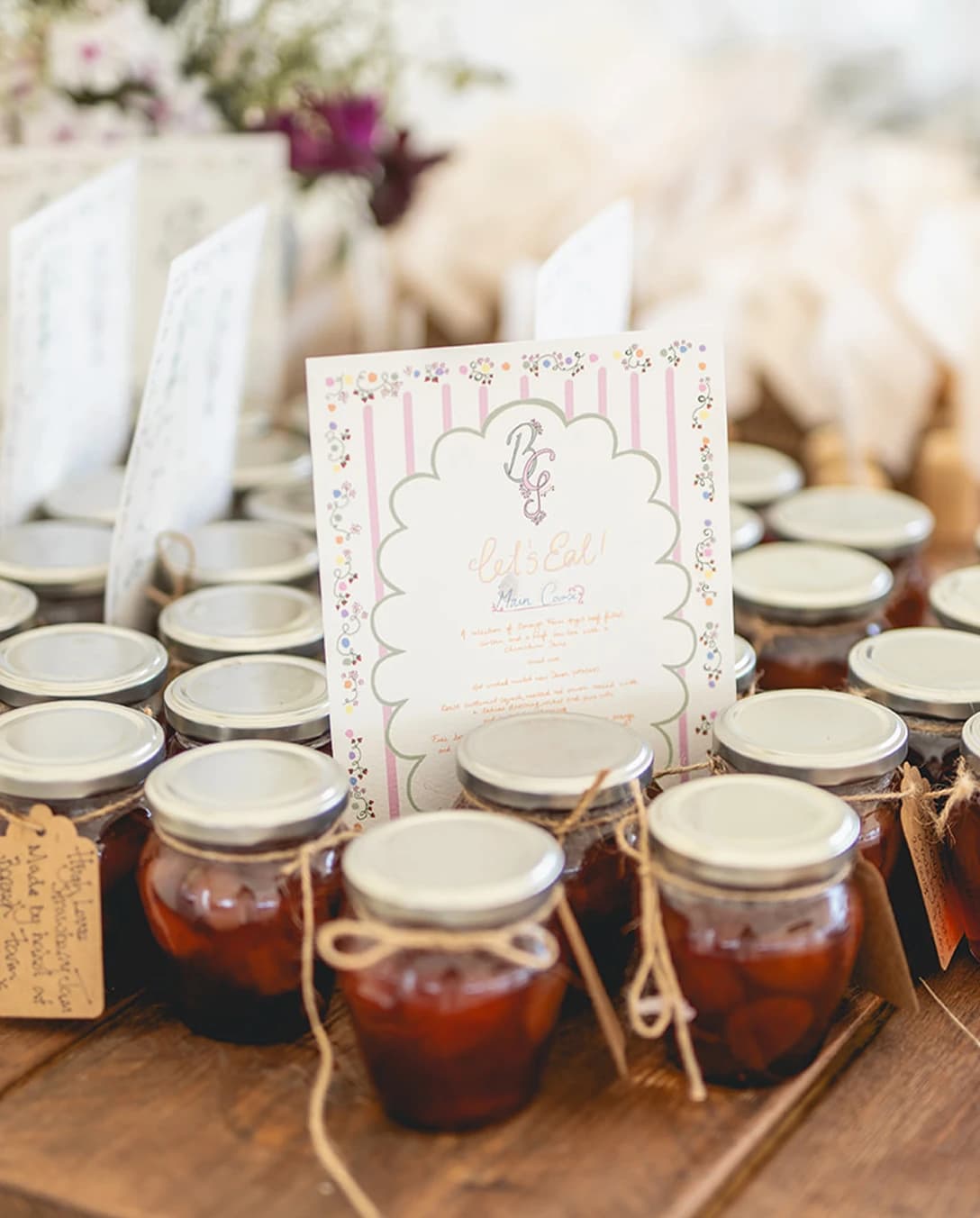 A set of jam jars gifted as a wedding gift favour to guests