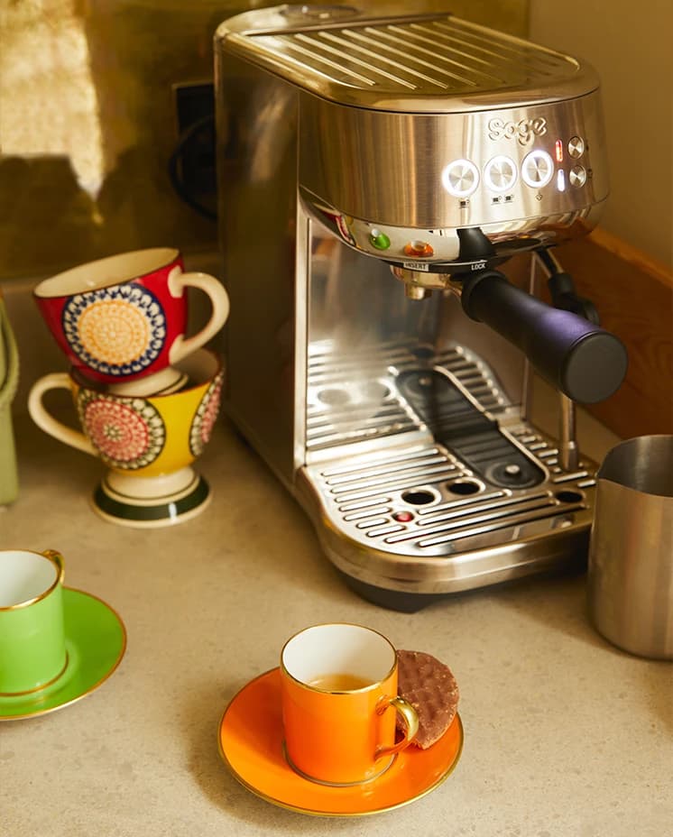 Rosalyn Wikeley's wedding presents in the kitchen: Sage coffee machine and hand-painted ceramic cups