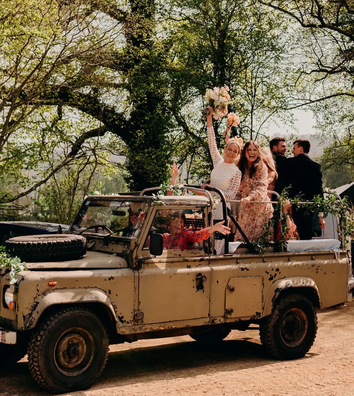 bride and bridesmaids wedding car vintage transportation