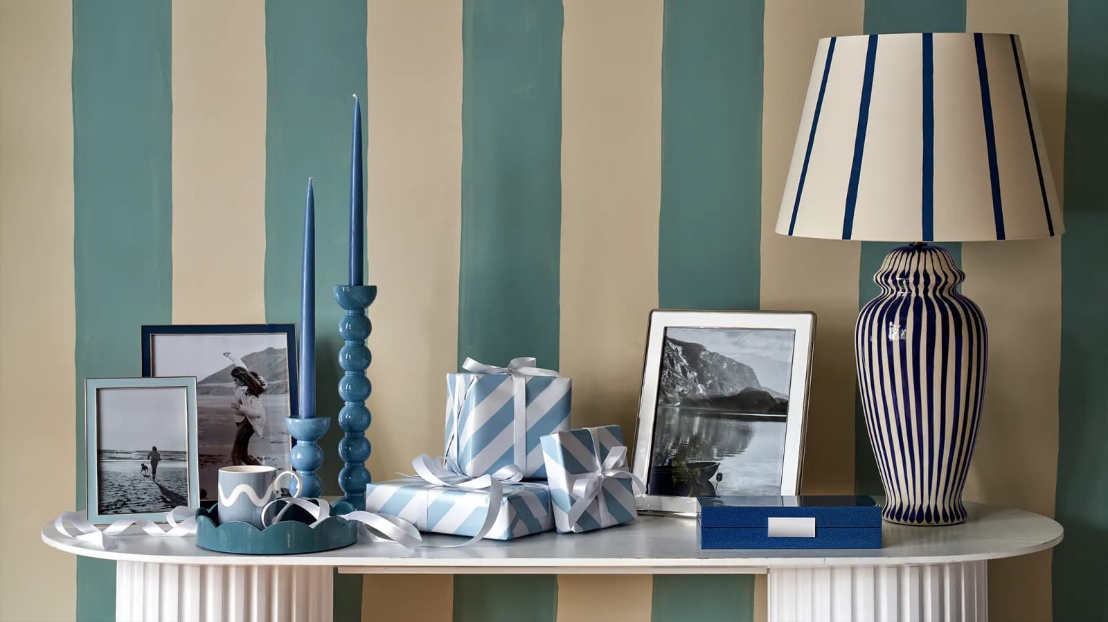 Blue & white Addison Ross homeware wrapped as wedding presents