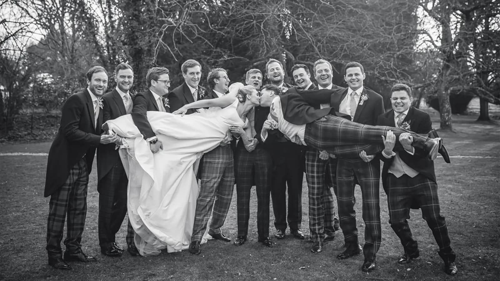 bride and groom with groomsmen funny picture