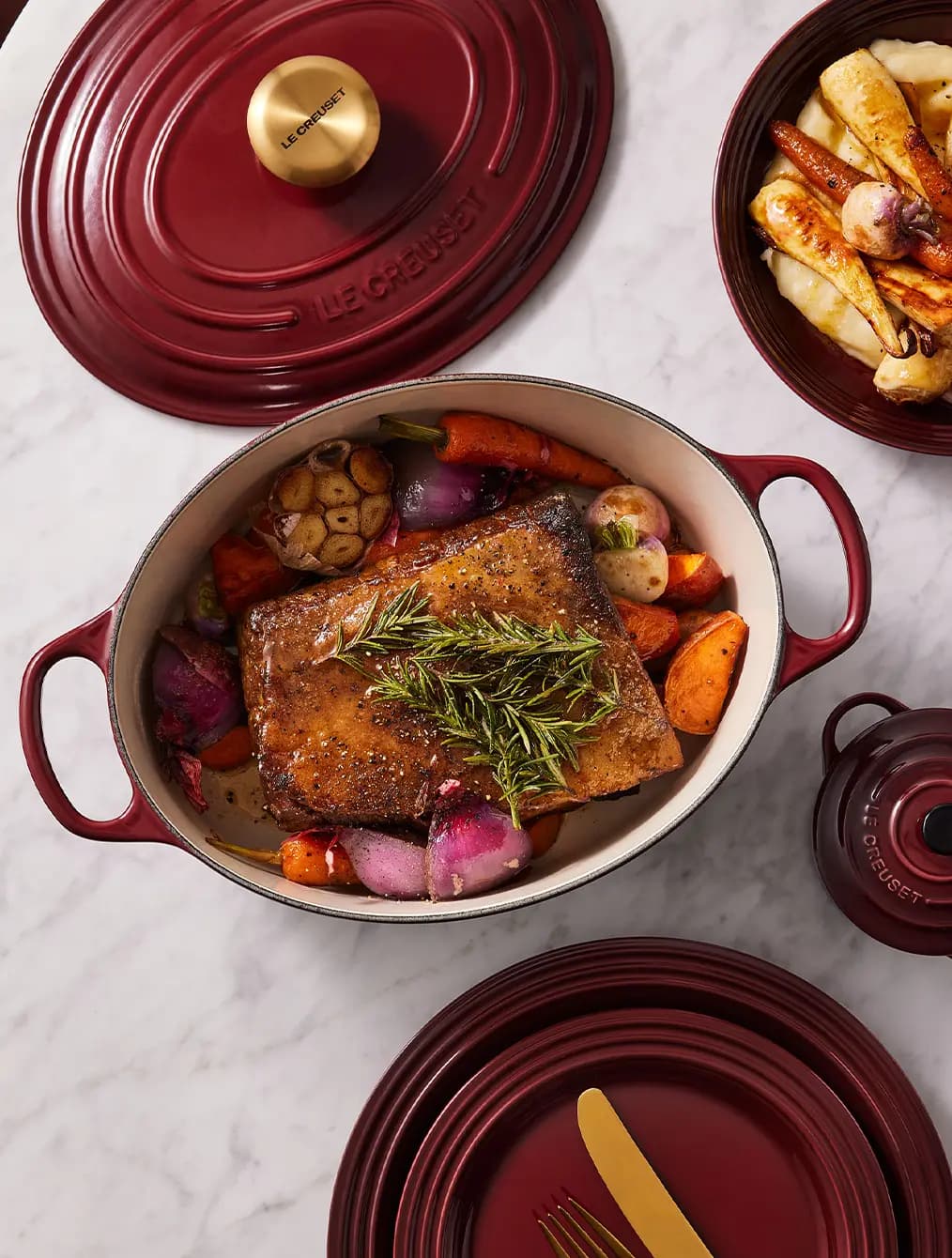 Roast dinner in Le Creuset Garnet oval casserole